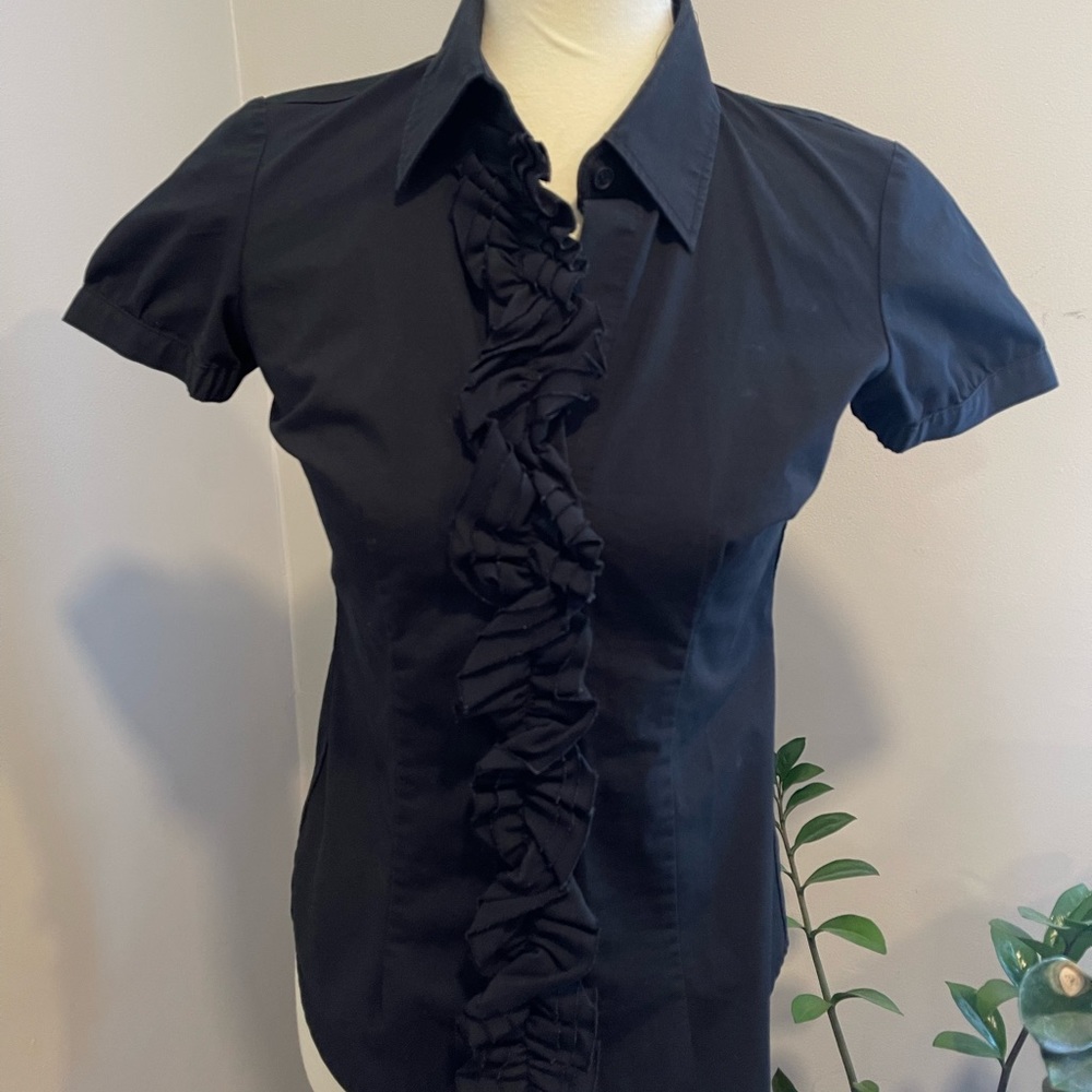 Black ruffled collared button up dress shirt
